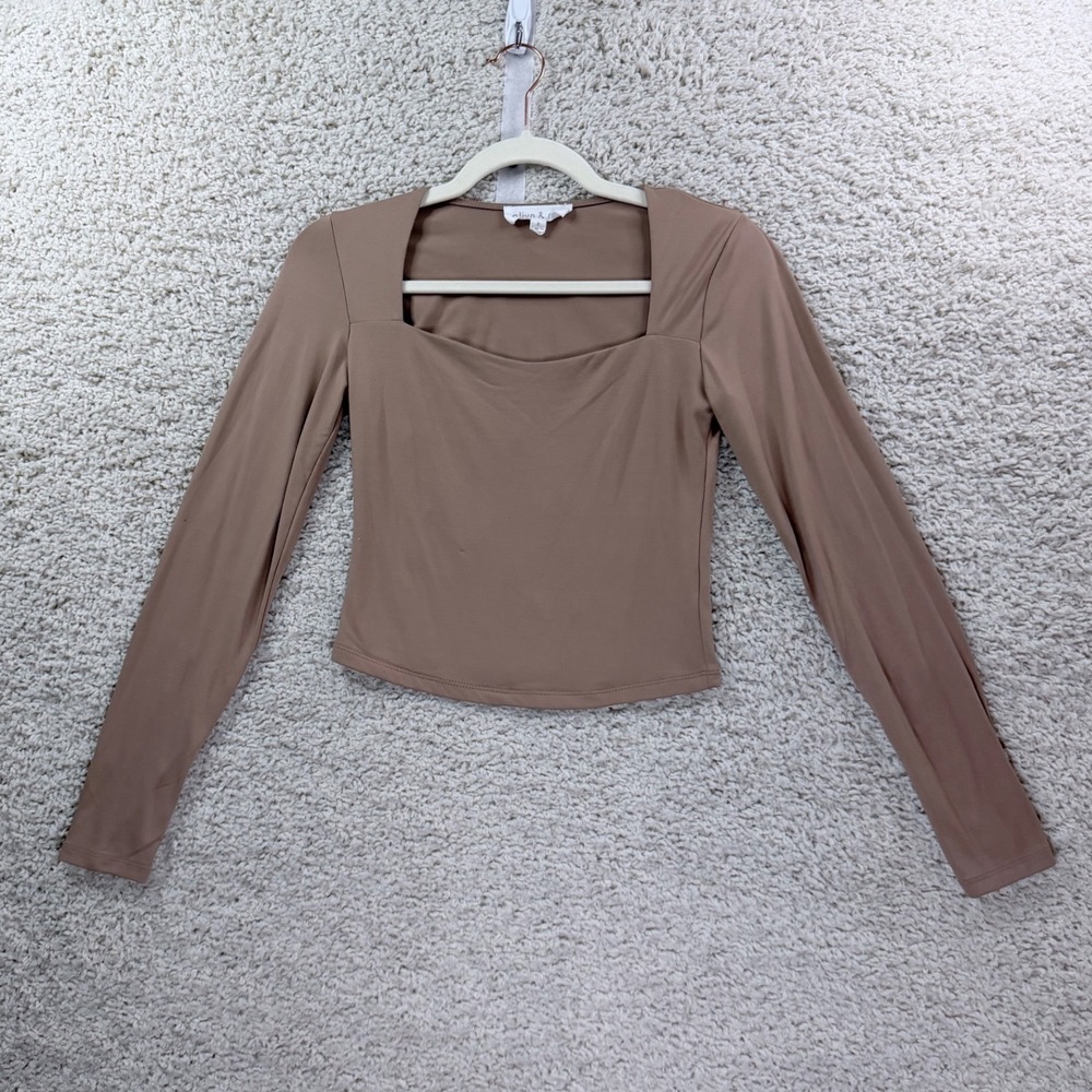 Olive & Oak Crop Top Women Small Camel Square Neck Stretch Long Sleeve 3K22791